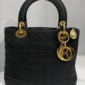 Christian Dior Vintage Lady Dior Cannage black fabric satchel bag . Quilted